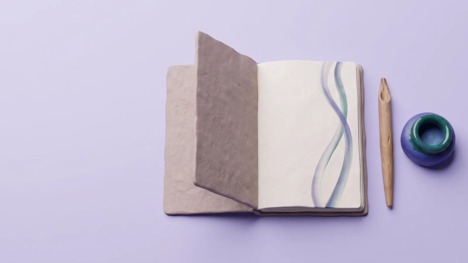 Ein aufgeschlagenes Heft mit geschwungenen Linien in Indigo und Türkis, daneben ein Schreibrohr aus Holz und ein Tintenfass