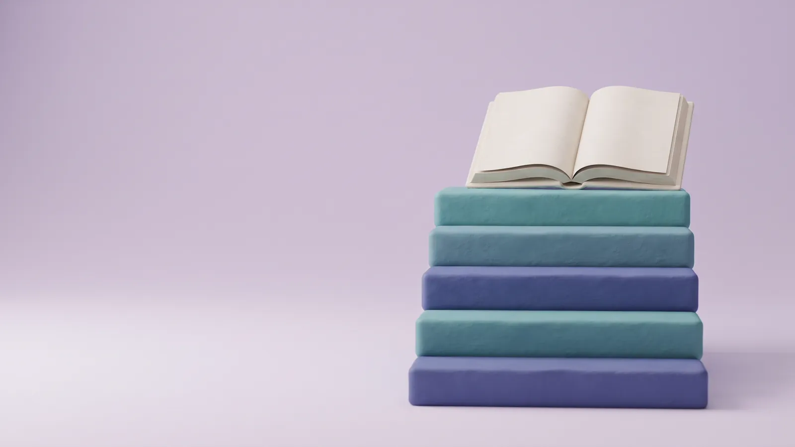 Fünf übereinandergestapelte Platten aus mattem Ton in Indigo und Türkis, wie eine Treppe; obenauf liegt ein aufgeschlagenes, leeres Buch